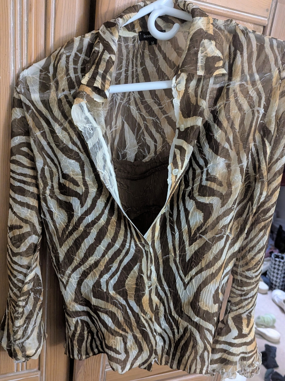 Komarov Brown and Cream Zebra-Print Sheer Button-Down Blouse